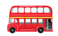 Vector Illustration Isolated On White Background. English Red Double-decker Bus Side View Flat Style. Element Infographic, Website, Icon, Stickers, Postcards, Place For Text. Eps 10