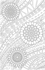 Coloring page for adult and kids coloring book or bullet journal. Doodle floral pattern with flowers and geometric lines. Black and white vector background