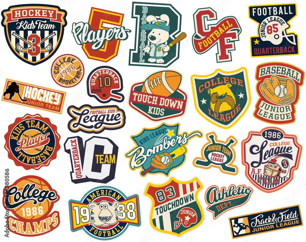 Cute vector collection of college sports athletic badges for children wear print or embroidery - obrazy, fototapety, plakaty 
