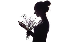 Silhouette Portrait Of A Beautiful Girl With A Bouquet Of Dandelions, The Face Profile Of A Young Woman On A White Isolated Background