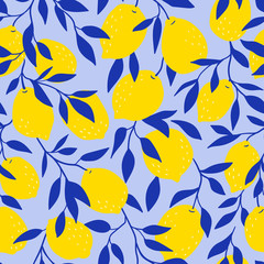 Wall Mural - Tropical seamless pattern with yellow lemons on the blue background. Fruit repeated background. Vector bright print for fabric or wallpaper.