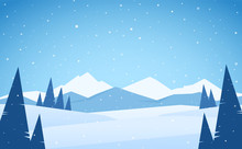 Vector Illustration: Winter Snowy Mountains Landscape With Pines, Hills And Peaks