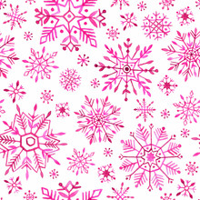 Watercolor Snowflakes Seamless Pattern. Pink Snowflakes On A White Background.