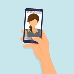 Hands Hold smartphone taking selfie photo and playing games. Vector illustration