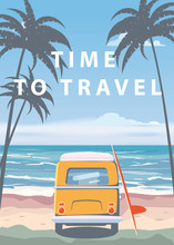 Travel, Trip Vector Illustration. Ocean, Sea, Seascape. Surfing Van, Camper, Bus On Beach. Summer Holidays. Ocean Background On Road Trip, Retro, Vintage. Tourism Concept, Cartoon Style, Isolated