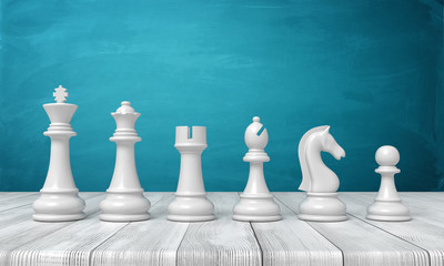 Poster - 3d rendering of a full set of white chess figurines from the kind to the pawn standing in line on a wooden table.