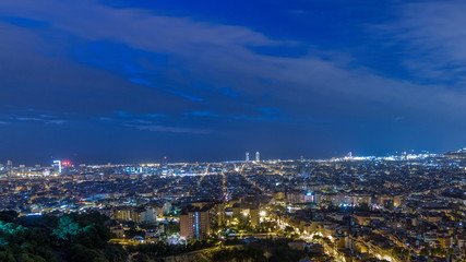 Wall Mural - Panorama of Barcelona night to day timelapse, Spain, viewed from the Bunkers of Carmel