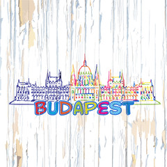 Canvas Print - Colorful Budapest drawing on wooden background