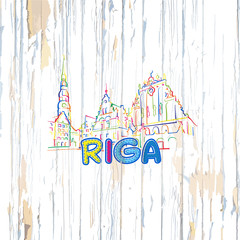 Canvas Print - Colorful Riga drawing on wooden background