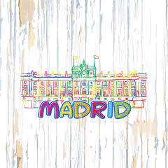 Canvas Print - Colorful Madrid drawing on wooden background