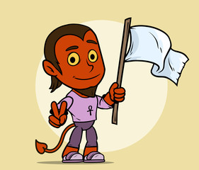 Wall Mural - Cartoon red devil boy character with white flag