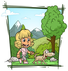 Wall Mural - Cartoon walking blonde girl character with dog