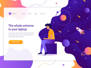 Wall Mural - The whole universe in your laptop. A man works at a computer from which flows space. Web development. Landing design template. Flat vector illustration.