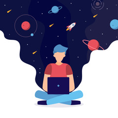 Fototapete - The developer is working on a laptop in the Lotus position. Around him space. Programming, creation of new websites, software or applications. Web development business concept. Flat vector.