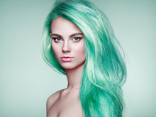 Beauty Fashion Model Girl With Colorful Dyed Hair. Girl With Perfect Makeup And Hairstyle. Model With Perfect Healthy Dyed Hair. Green Hair