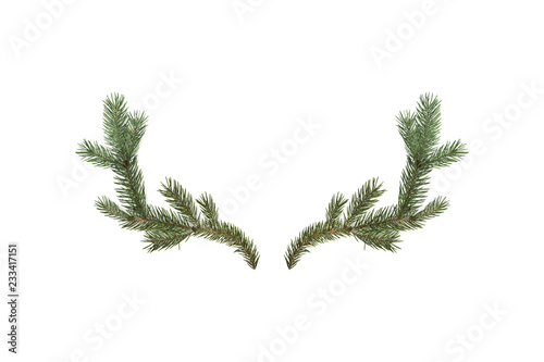 Fotografía 3D rendering of deer horns made of fir branches isolated on white background