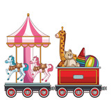 Fototapeta Konie - Train wagon with toys and carrousel