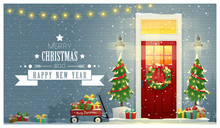 Merry Christmas And Happy New Year Background With Decorated Christmas Front Door , Vector , Illustration