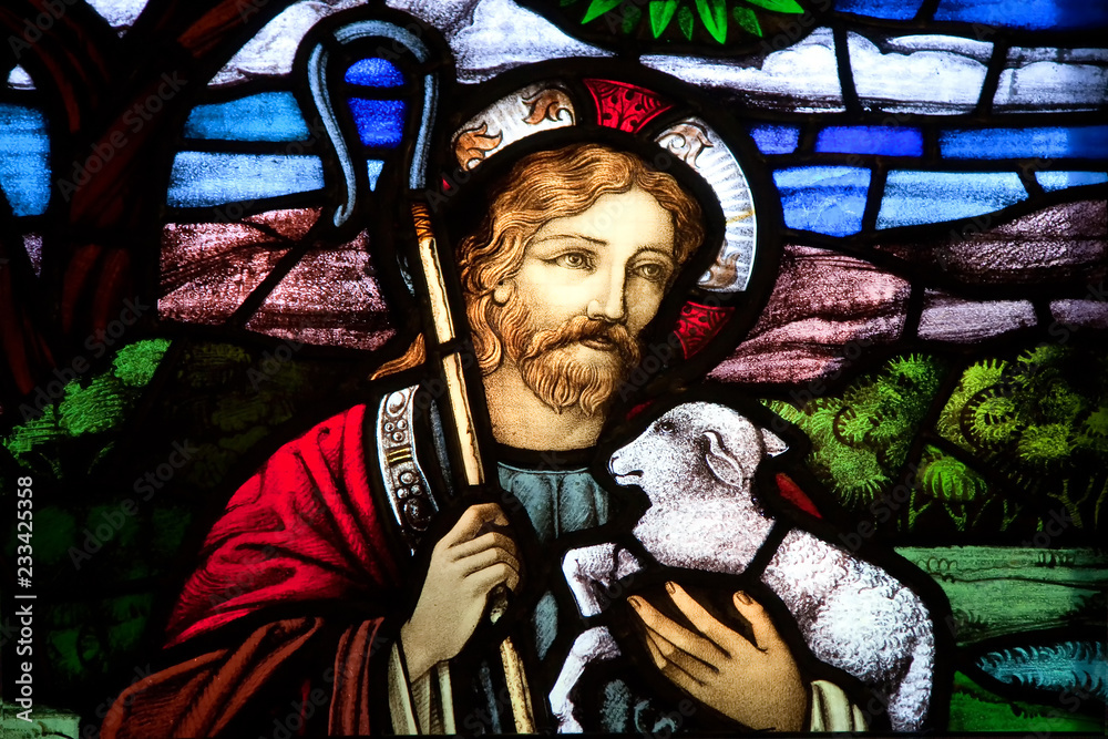 Obraz na płótnie HALIFAX, NOVA SCOTIA, CANADA- AUG 27, 2014: Detail of Jesus the good shepherd from a selection of religious stained glass. Found in St. Paul's Anglican Church, Halifax, NS w salonie