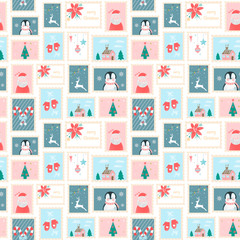 christmas beautiful post stamped with holiday symbols and elements of decoration. snowman, santa cla