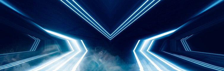 Background of an empty room at night with smoke and neon light. Dark abstract background. Background of an empty show scene. 