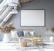 Mock up poster frame in home interior background, Scandinavian Bohemian style living room in attic, 3D render