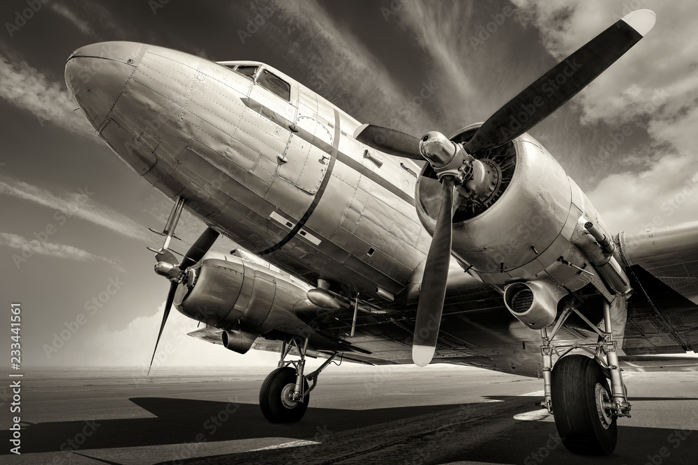 Historyczny samolot na pasie startowym - obrazy, fototapety, plakaty 