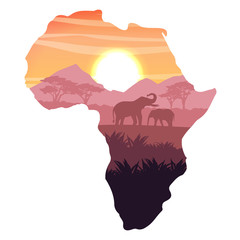 elephant mother and her young in the african savanna at sunset. doum palms. realistic vector landsca