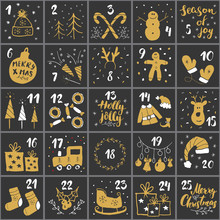 Christmas Advent Calendar. Hand Drawn Elements And Numbers. Winter Holidays Calendar Cards Set Design, Vector Illustration