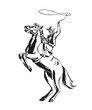 Hand drawn cowboy with lasso on rearing horse. Rodeo vector illustration. Black isolated on white background