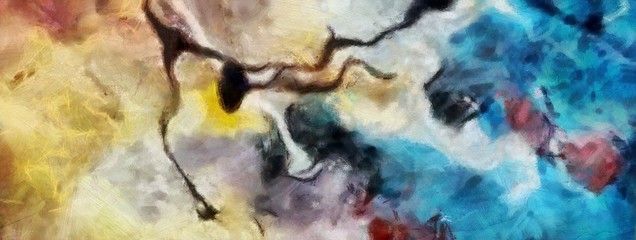 Close up oil paint abstract background. Art textured brushstrokes in macro. Part of painting. Old style artwork. Dirty watercolor texture. Modern pattern. Chaotic splashes. Multi-colors design.