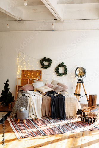 Christmas Decor Bedroom In Bright Colors With Large Windows