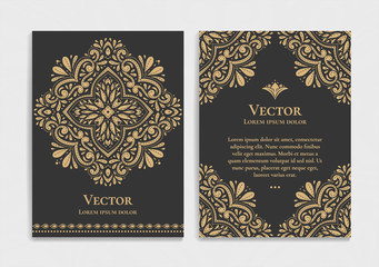 Gold vintage greeting card on a black background. Luxury vector ornament template. Mandala. Great for invitation, flyer, menu, brochure, postcard, wallpaper, decoration, or any desired idea.