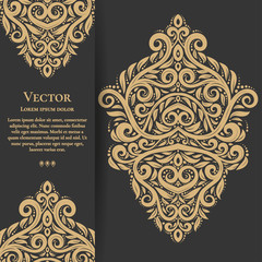 Gold vintage greeting card on a black background. Luxury vector ornament template. Mandala. Great for invitation, flyer, menu, brochure, postcard, wallpaper, decoration, or any desired idea.