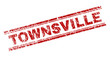 TOWNSVILLE seal print with distress style. Red vector rubber print of TOWNSVILLE label with retro texture. Text label is placed between double parallel lines.