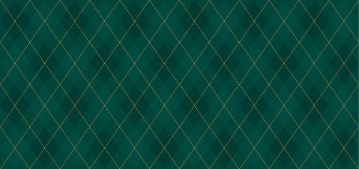  Argyle vector pattern. Dark green with thin slim golden dotted line. Seamless vivid geometric background for fabric, textile, men clothing, wrapping paper. Backdrop Little Gentleman party invite card