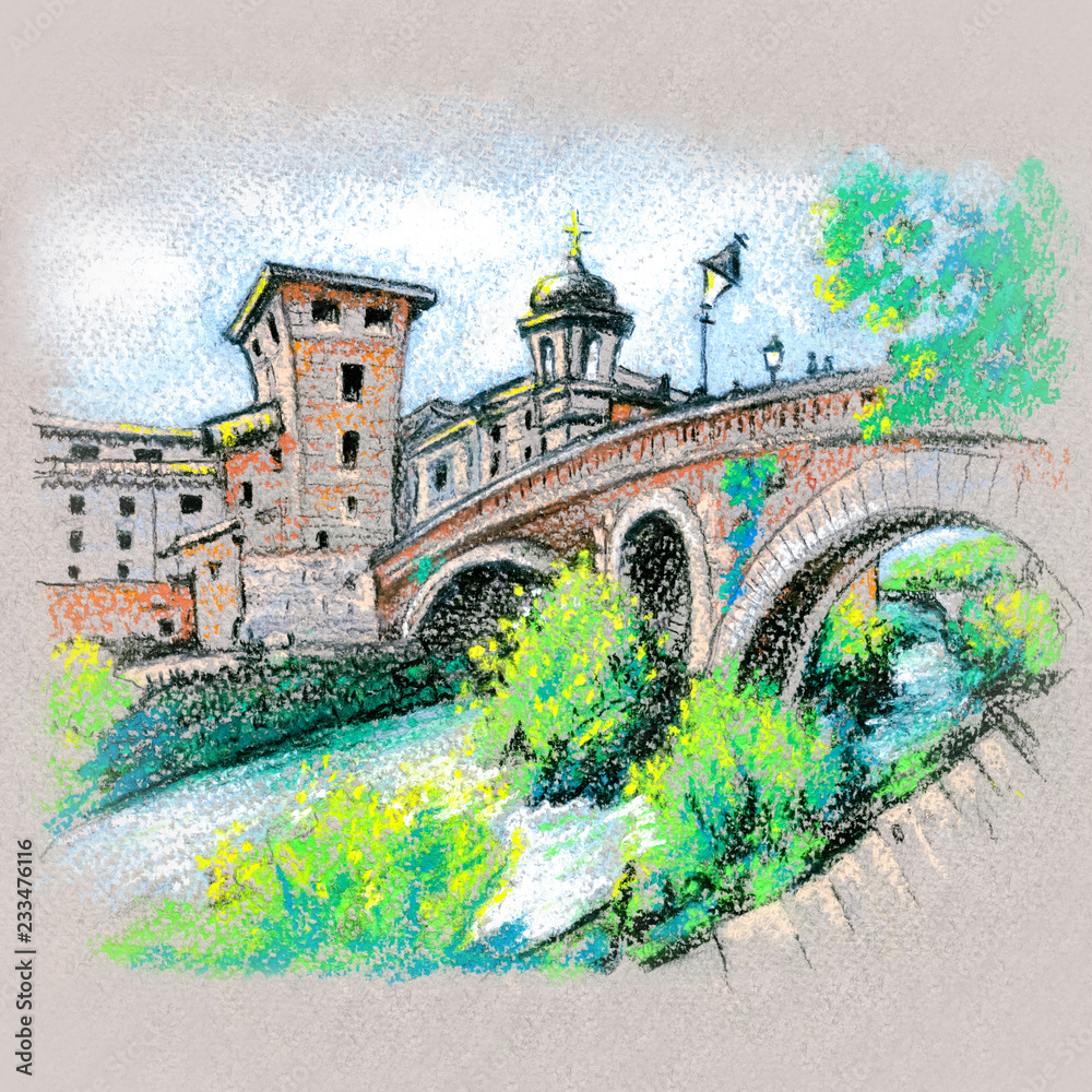 Hand drawing pastel sketch, Tiber island or Isola Tiberina with Ponte Fabricio and church Chiesa di San Giovanni Calibita, Rome, Italy.