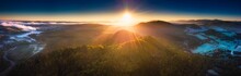 Sunrise Over Bieszczady Mountains In Poland. Aerial Panoramic Landscape.