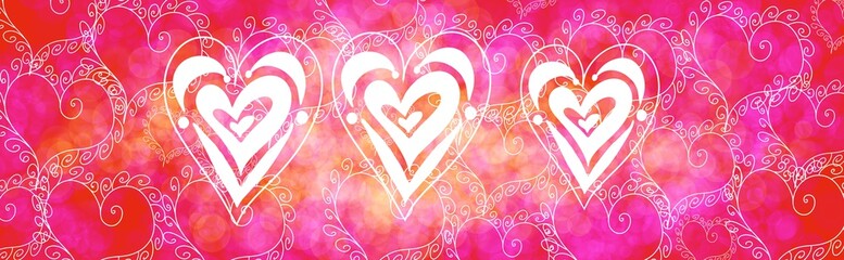 Valentine Love Hearts Wide panorama horizontal header  ribbons bokeh glitter on Red Pink and purple  white backgrounds 