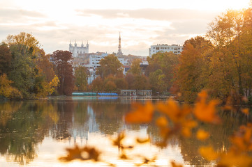 Wall Mural - autumn mood and colours at the pond in parc de la tete d'or. lyon, france.