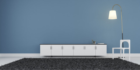 Poster - View of empty room space with furniture on laminate floor.Perspective of minimal design architecture.Sunlight cast shadow on the wall. 3d rendering.