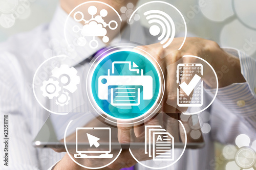 Cuadros en Lienzo Businessman touch a screen tablet with printer icon on a virtual panel