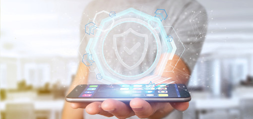 Poster - Man holding a padlock security technology interface 3d rendering