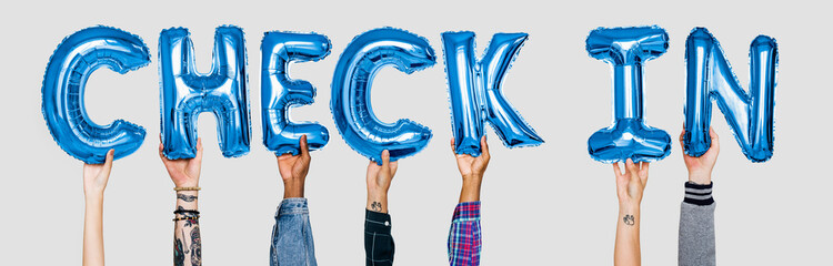 Poster - Hands showing check-in balloons word