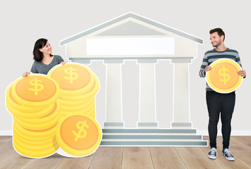 Wall Mural - People holding icons related to money and currency concept