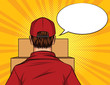 © yana_atchori - Vector color pop art style illustration of a man standing with a box in his hands. Deliveryman rear view. Delivery worker with cardboard boxes in front of him. Male delivery worker in uniform.