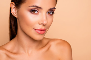 Wall Mural - cropped close up photo of dreamy cute well-groomed charming lady