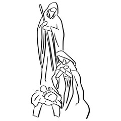 Christmas Christian Nativity Scene of baby Jesus in manger with Mary and Joseph vector illustration sketch doodle hand drawn with black lines isolated on white background.