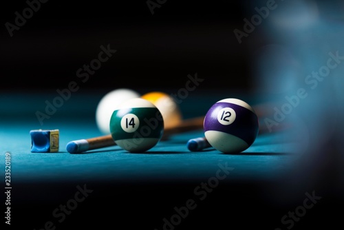 Fotomural billiard table with cue and balls. billiard background