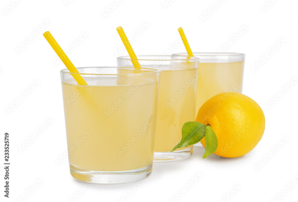Glasses of cool tasty lemonade on white background